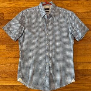 BOSS by Hugo Boss Short Sleeve Button Down Shirt - White w/ Blue Pattern - Small